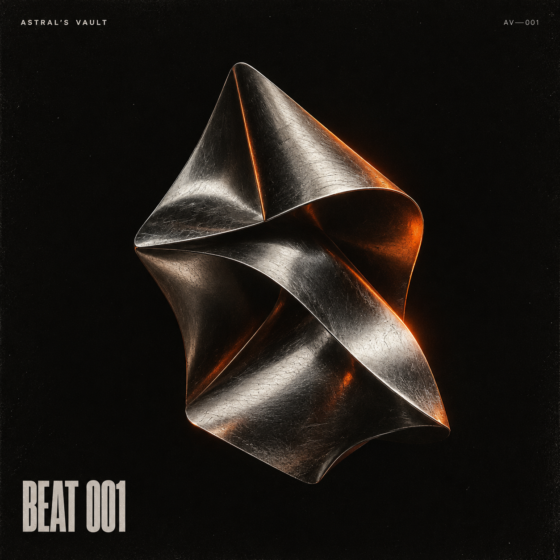 Astral Beat 001 — siyah zemin üzerinde turuncu ışıklı krom heykel